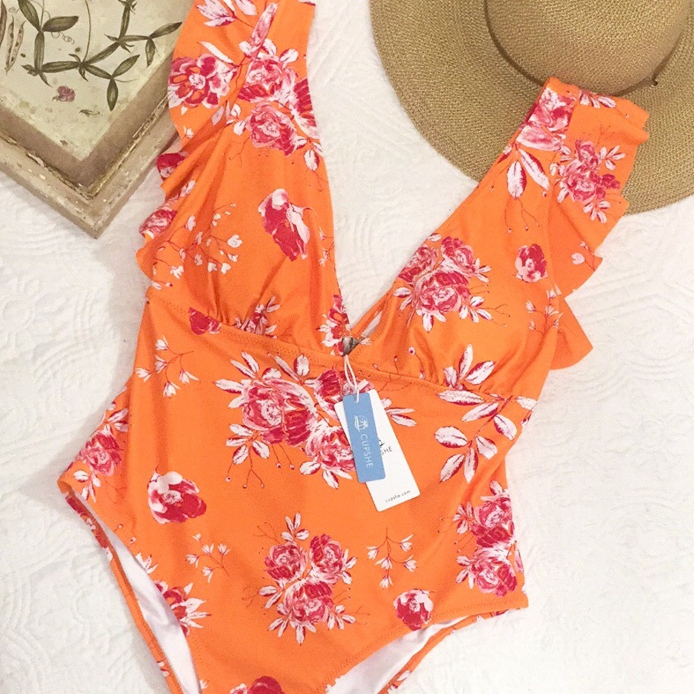 NWT Cupshe Orange Floral One Piece Swimsuit - Picture 2 of 13